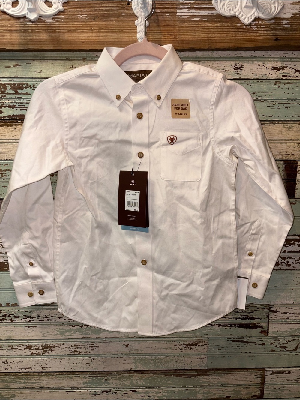 NEW Ariat Boys White Button-Down Shirt with Brass-Tone Buttons
